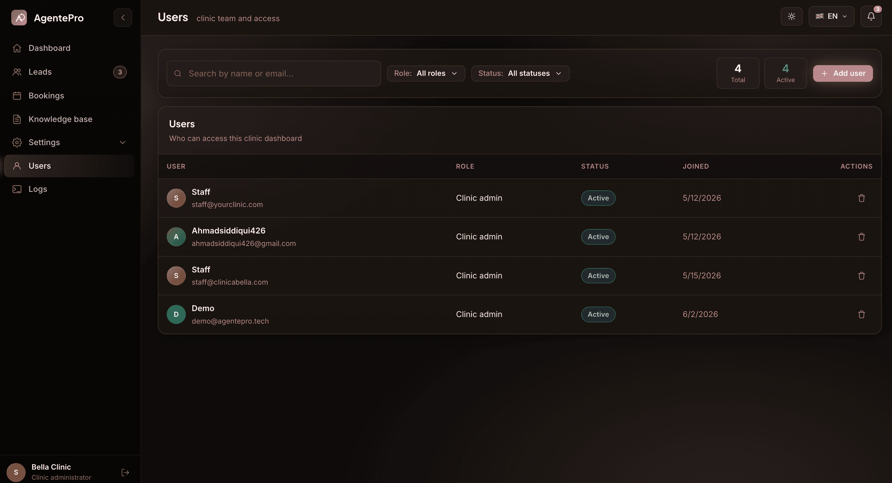 Users (Clinic) — team members who can access the clinic dashboard, with roles and join dates