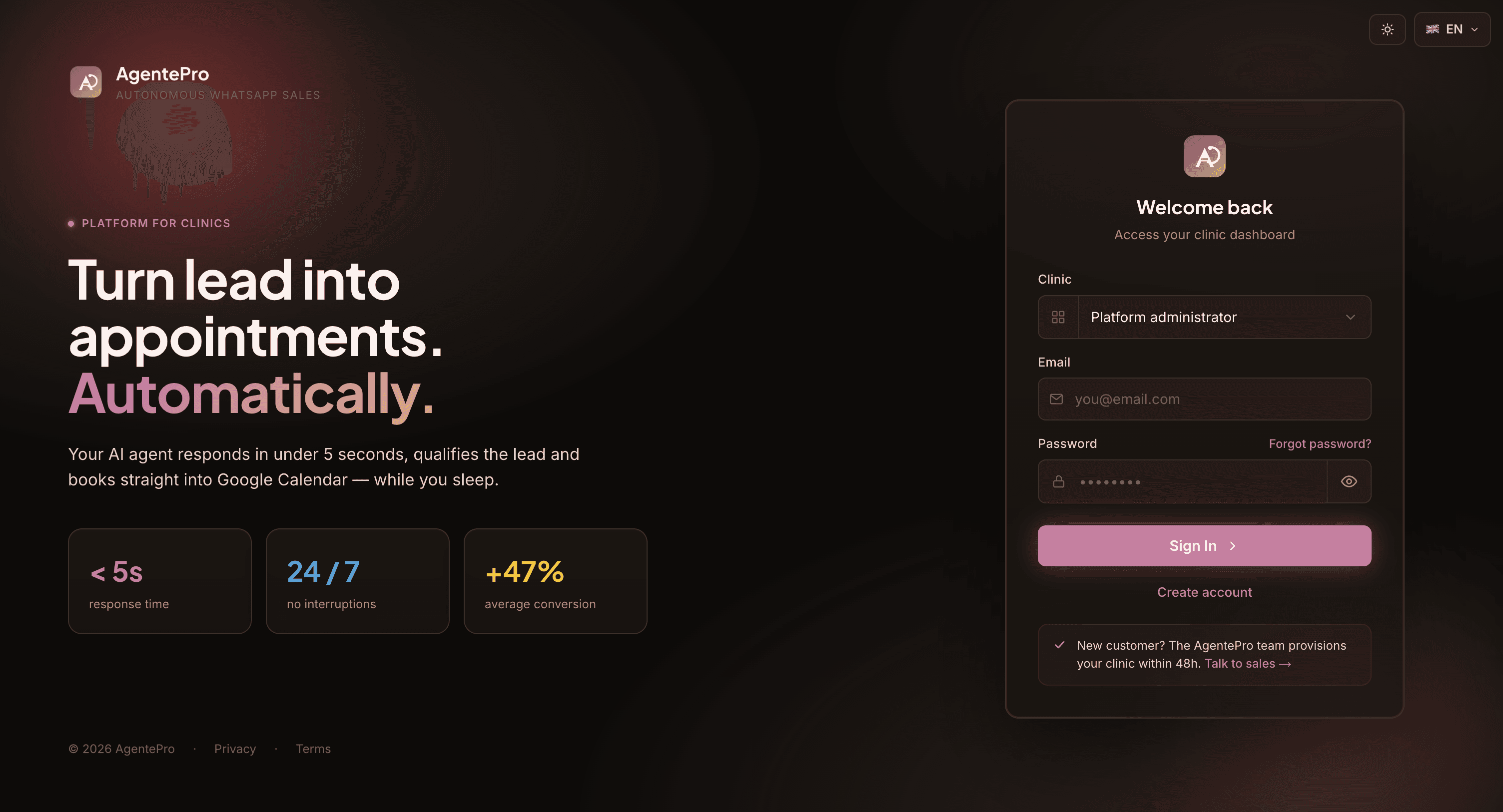 Landing + Login — AgentePro marketing page with key stats (<5s, 24/7, +47% conversion) and clinic sign-in