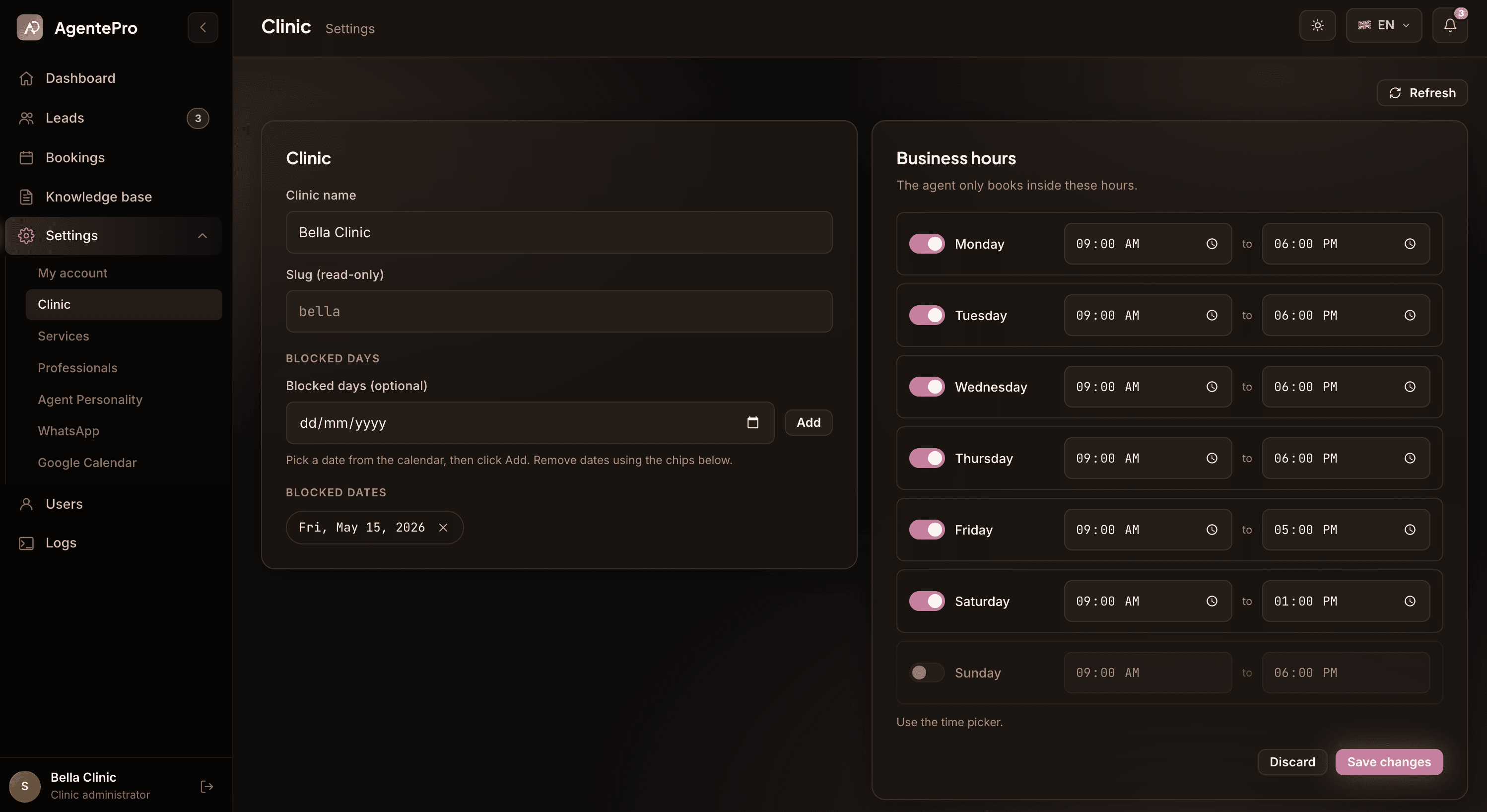 Settings: Clinic — clinic name, slug, blocked days calendar picker, and per-day business hours configuration