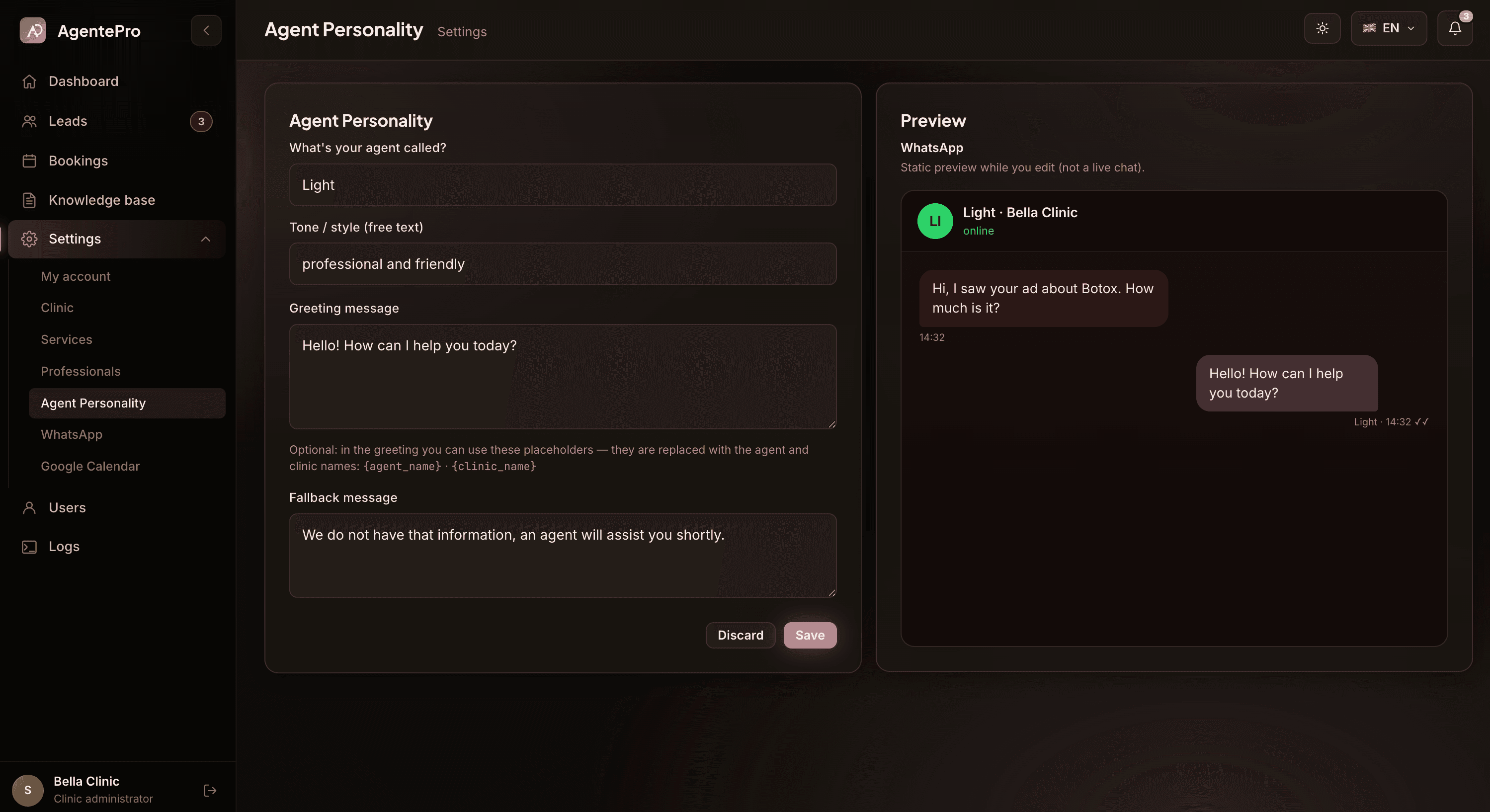 Agent Personality — configure agent name, tone/style, greeting and fallback messages, with live WhatsApp chat preview