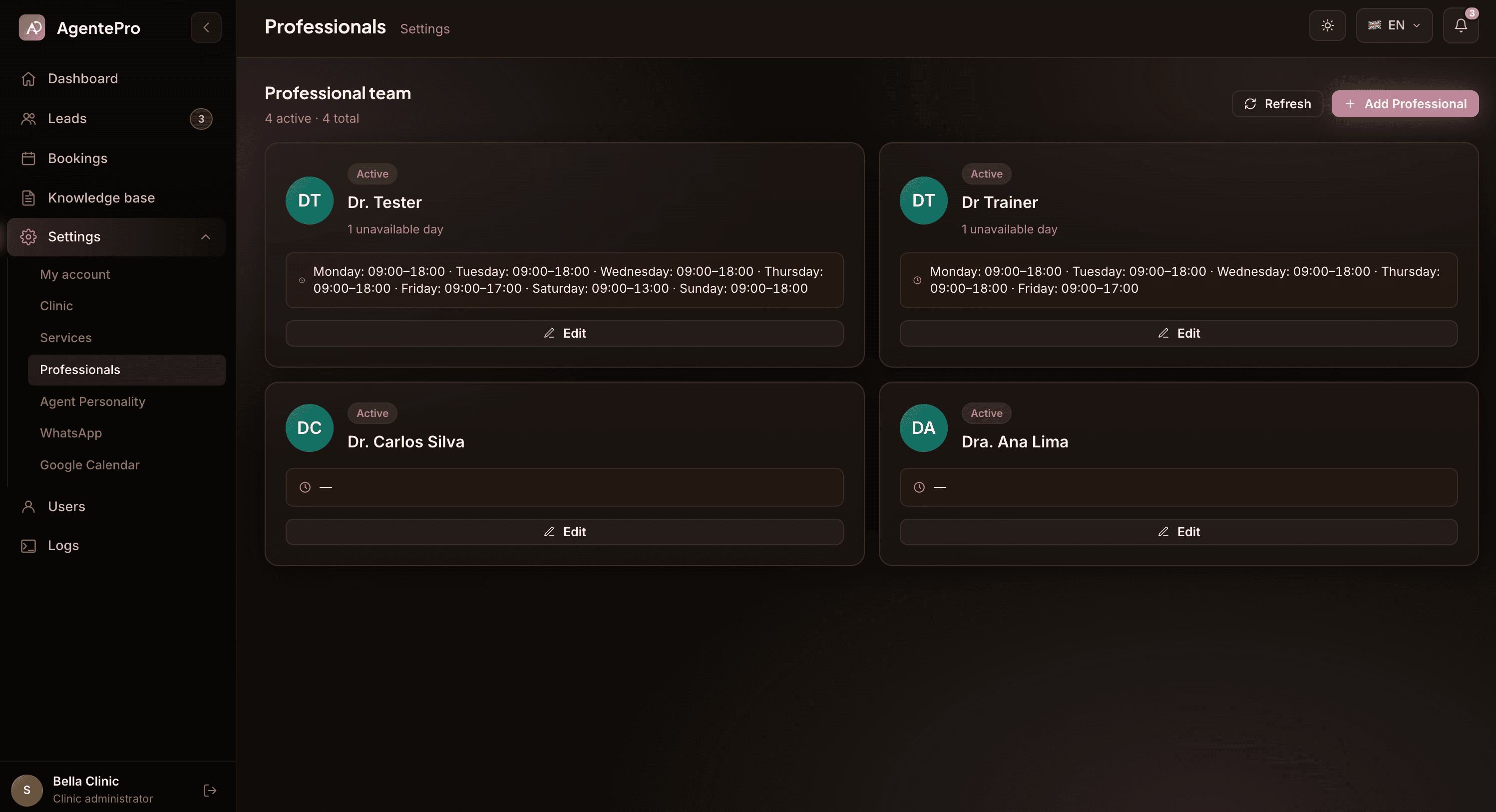 Settings: Professionals — 4 professionals with full weekly schedules and unavailable day management
