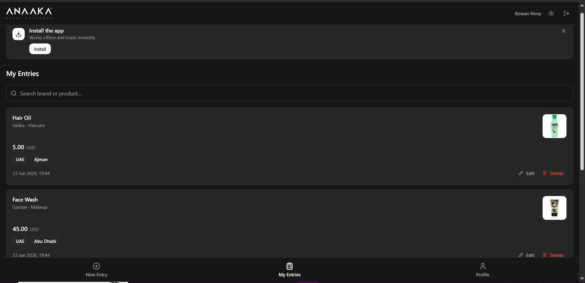 My Entries dark mode — same list; RLS ensures agents only see their own entries, enforced at database level