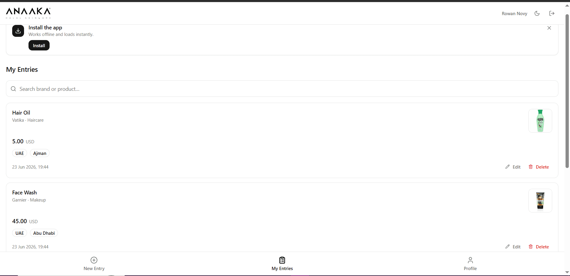 My Entries light mode — field agent's own submissions, searchable, with product image, brand, price in local currency, location tags, edit/delete