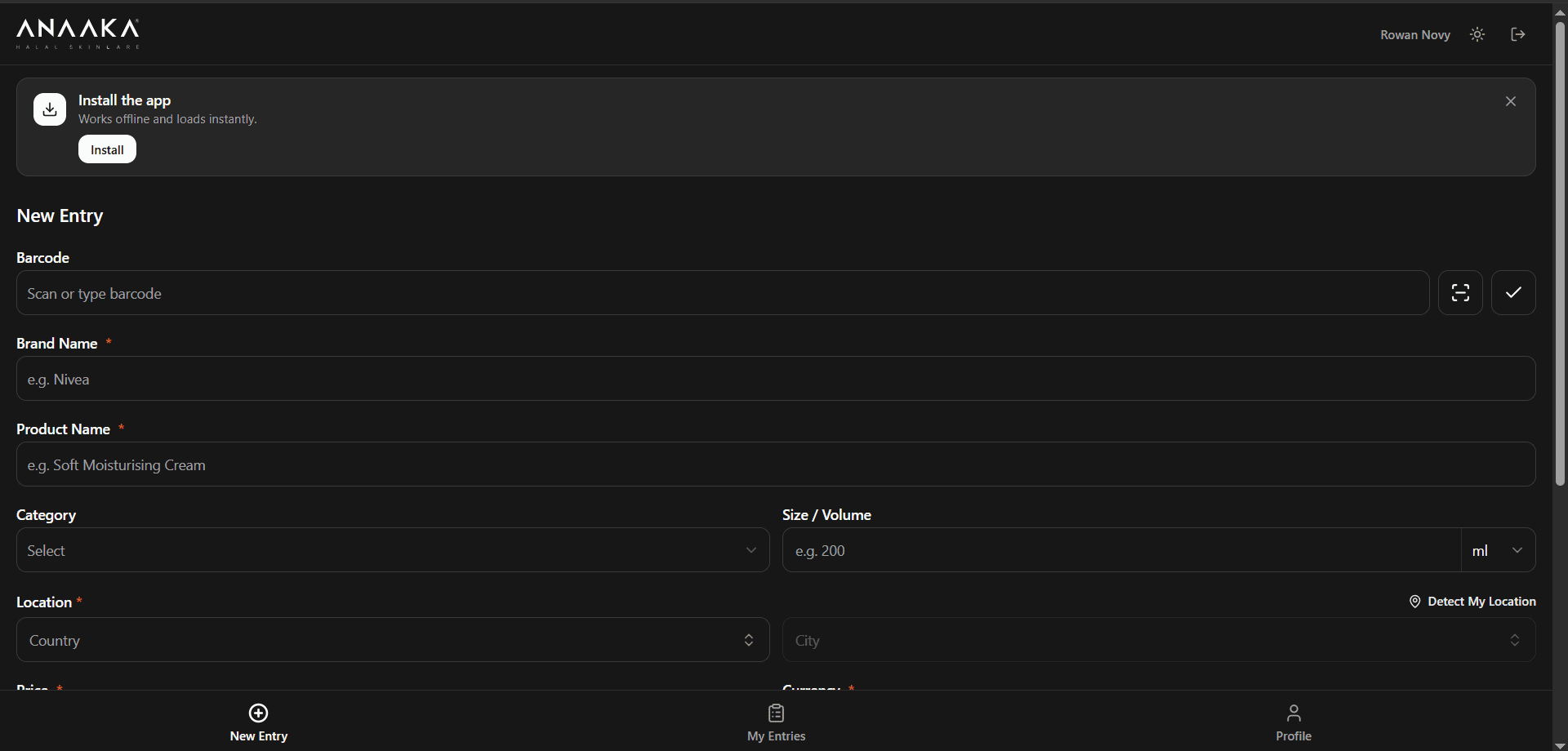 Field PWA dark mode — New Entry form with barcode scanner button, brand/product/category/location/price/currency fields, PWA install prompt