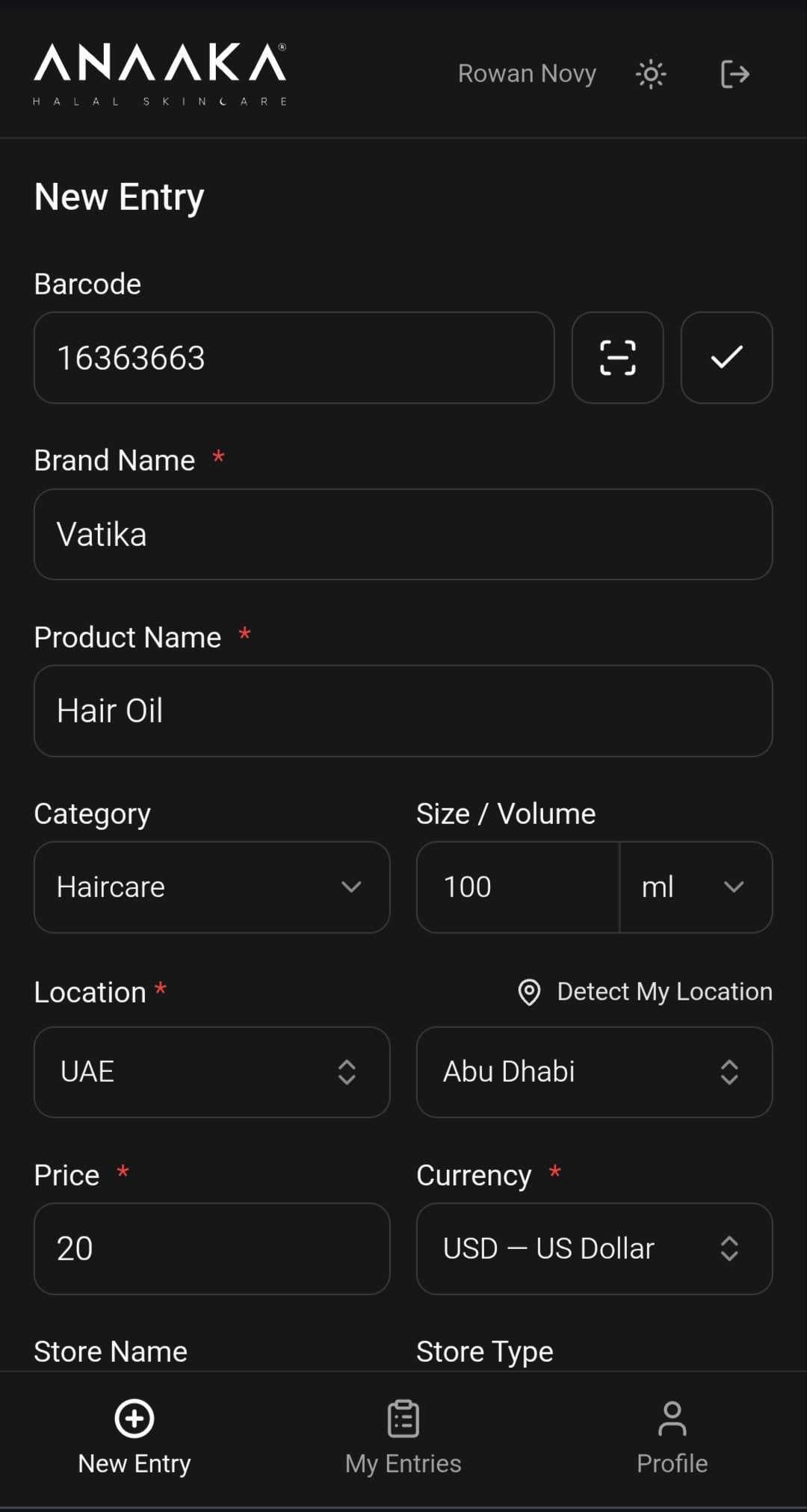 Mobile New Entry — barcode scanned (16363663), Vatika Hair Oil, Haircare, 100ml, UAE/Abu Dhabi, USD; full form on mobile dark mode