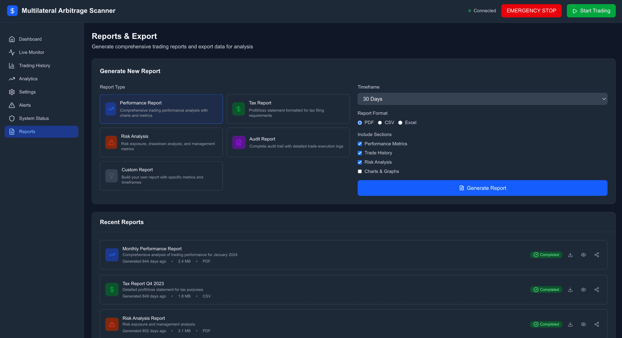 Reports & Export — Performance, Tax, Risk, Audit, and Custom reports in PDF/CSV/Excel