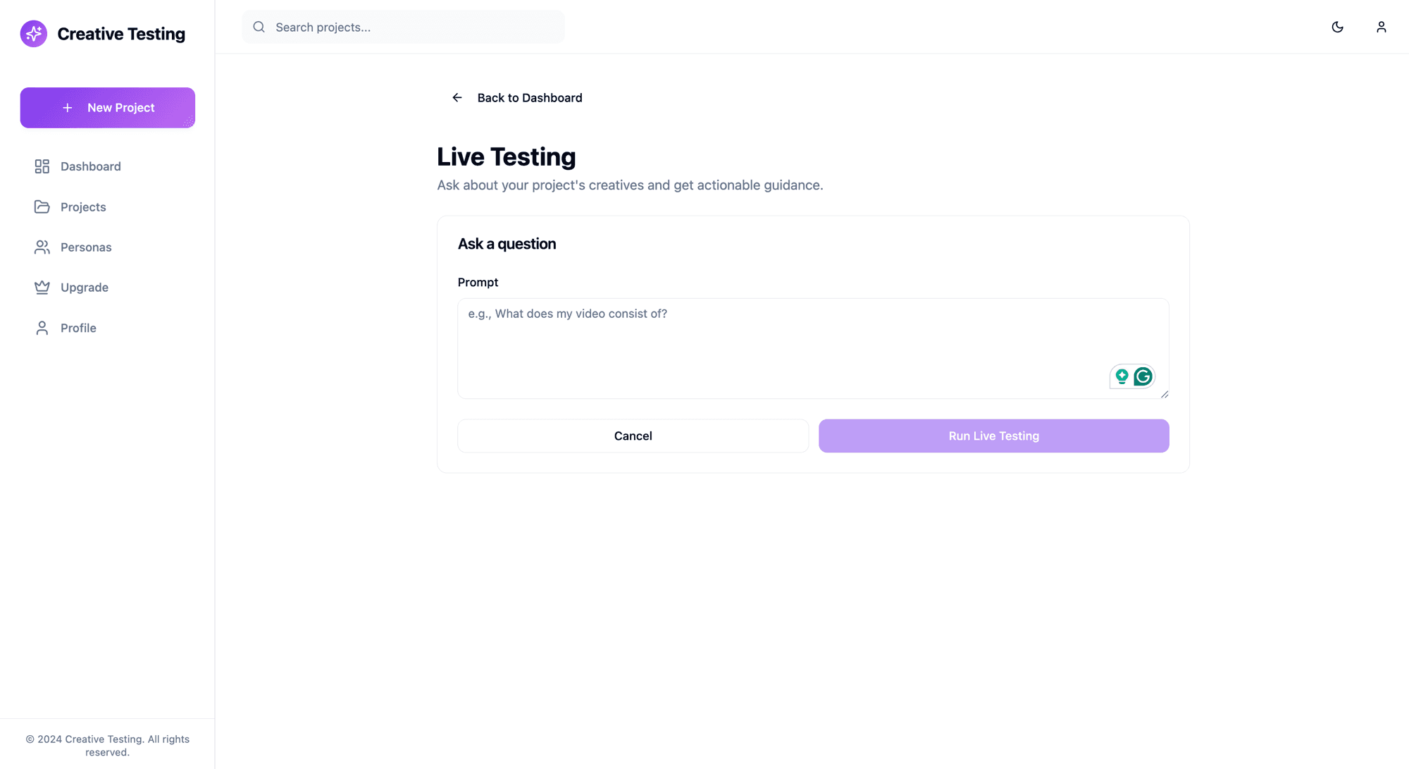 Live Testing — LLM-powered creative Q&A for open-ended actionable guidance