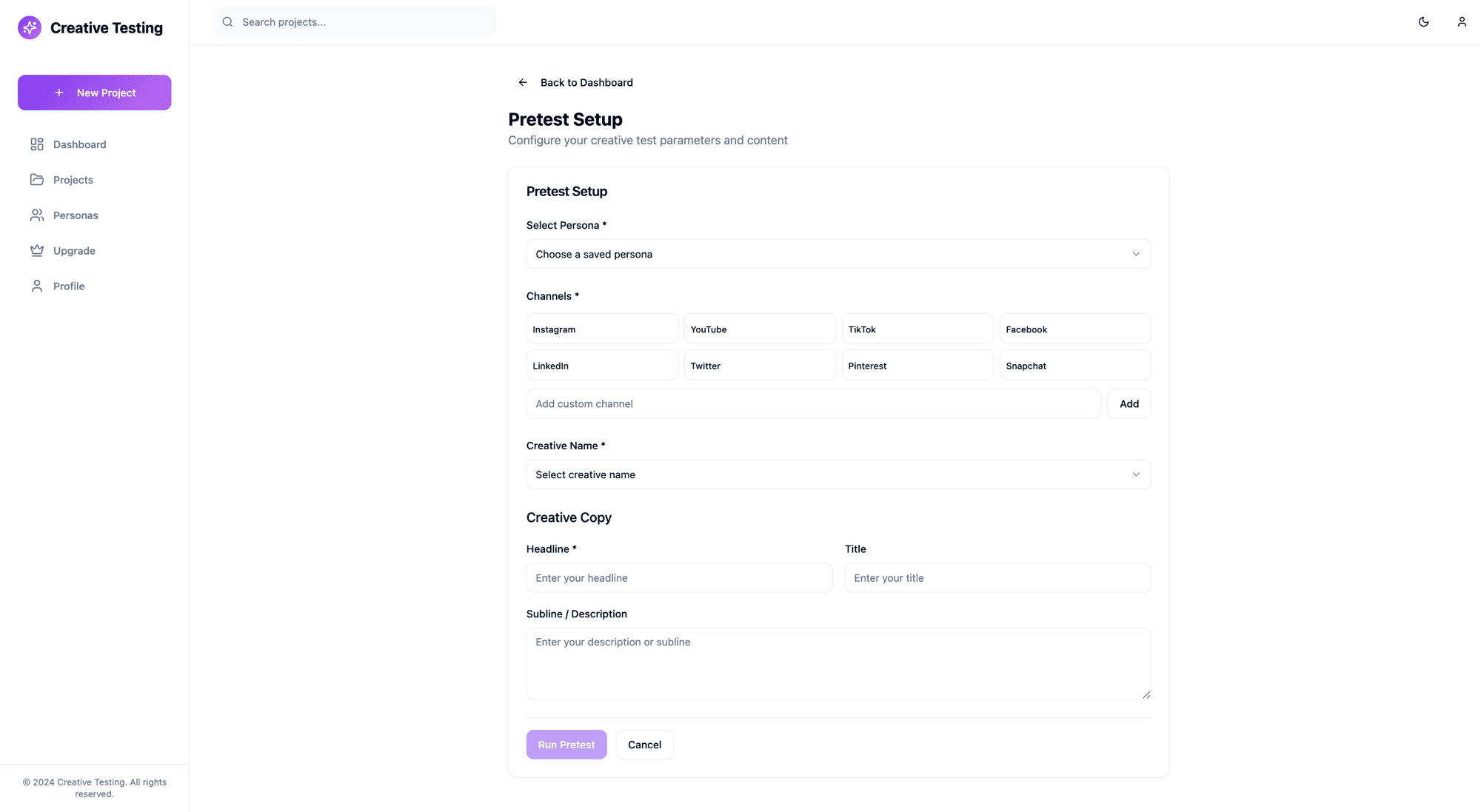 Pretest Setup — persona selection, channel targeting, and creative copy configuration