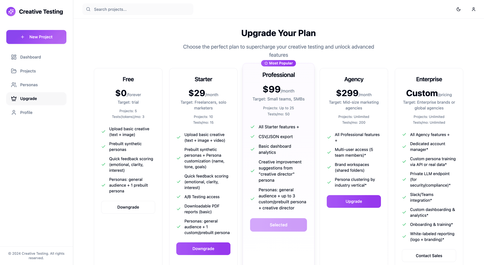 Upgrade Plans — five-tier SaaS model from Free to Enterprise with feature gating