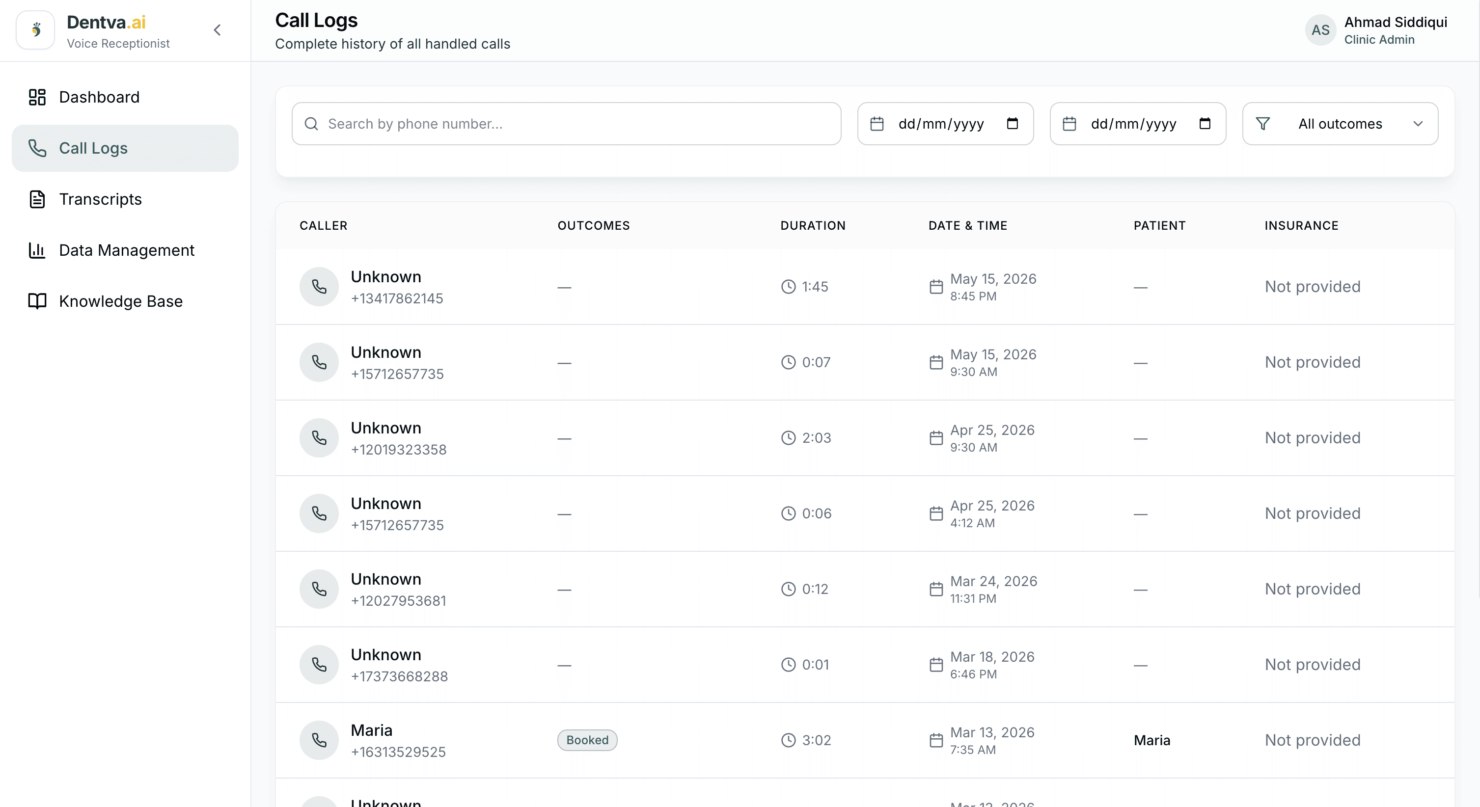 Call Logs — Complete history of all AI-handled patient calls with caller ID, duration, outcome, and insurance status