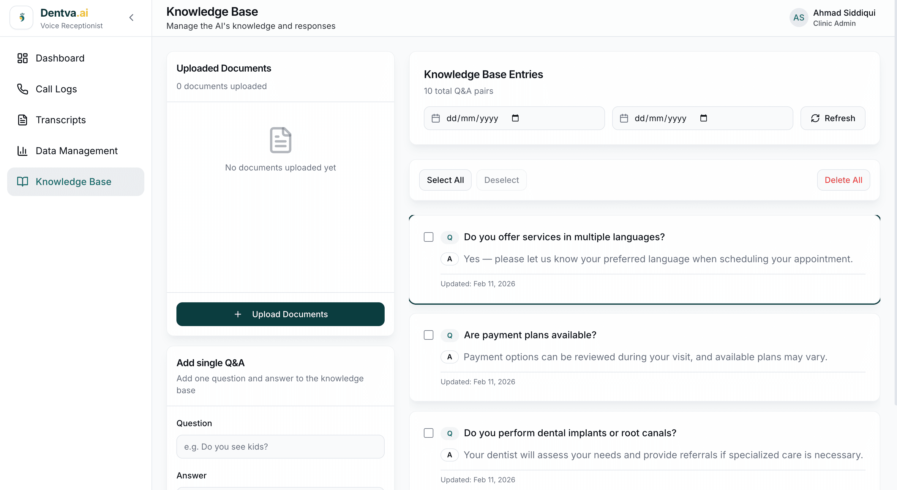 Knowledge Base — Clinic staff upload FAQ documents or add Q&A pairs; semantic search retrieves answers during patient calls