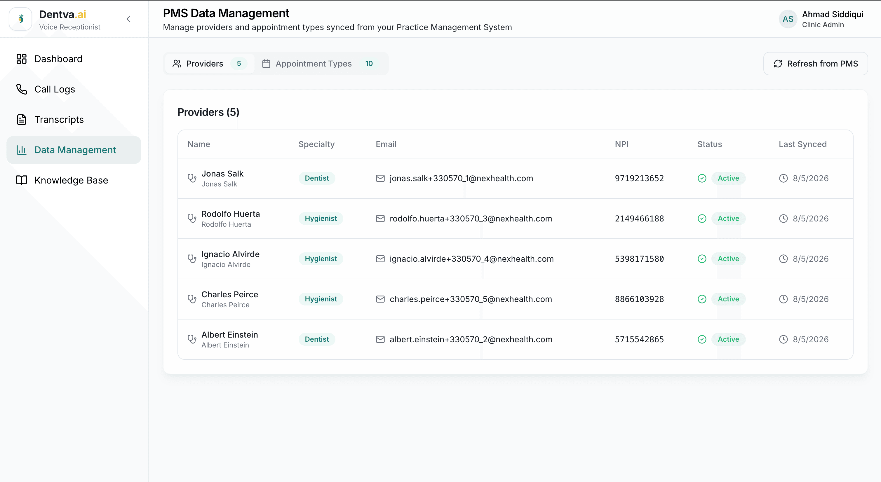 PMS Data Management — Providers and appointment types synced live from the dental Practice Management System