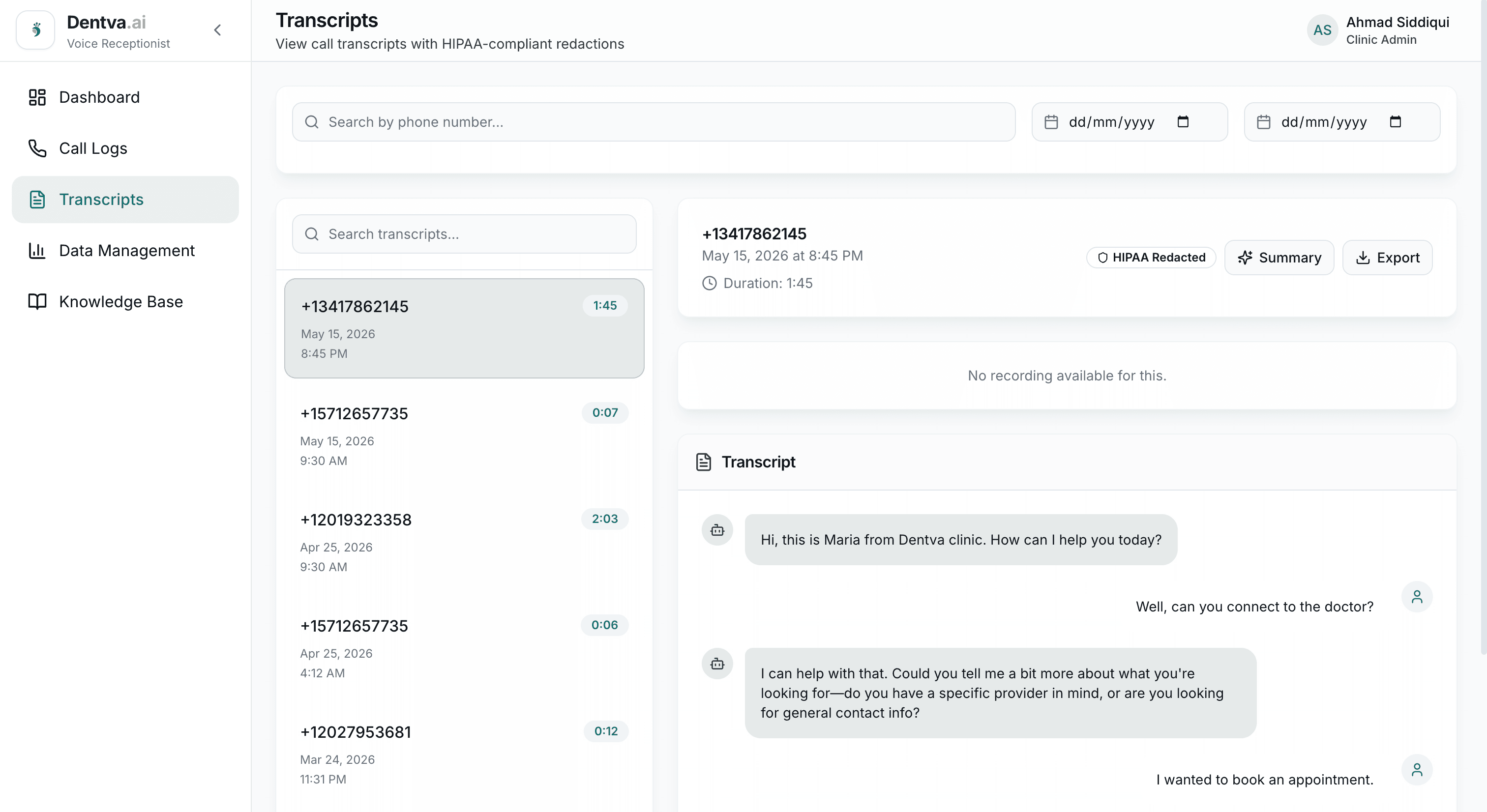 Transcripts — HIPAA-redacted call transcripts with AI summary, export, and full conversation replay