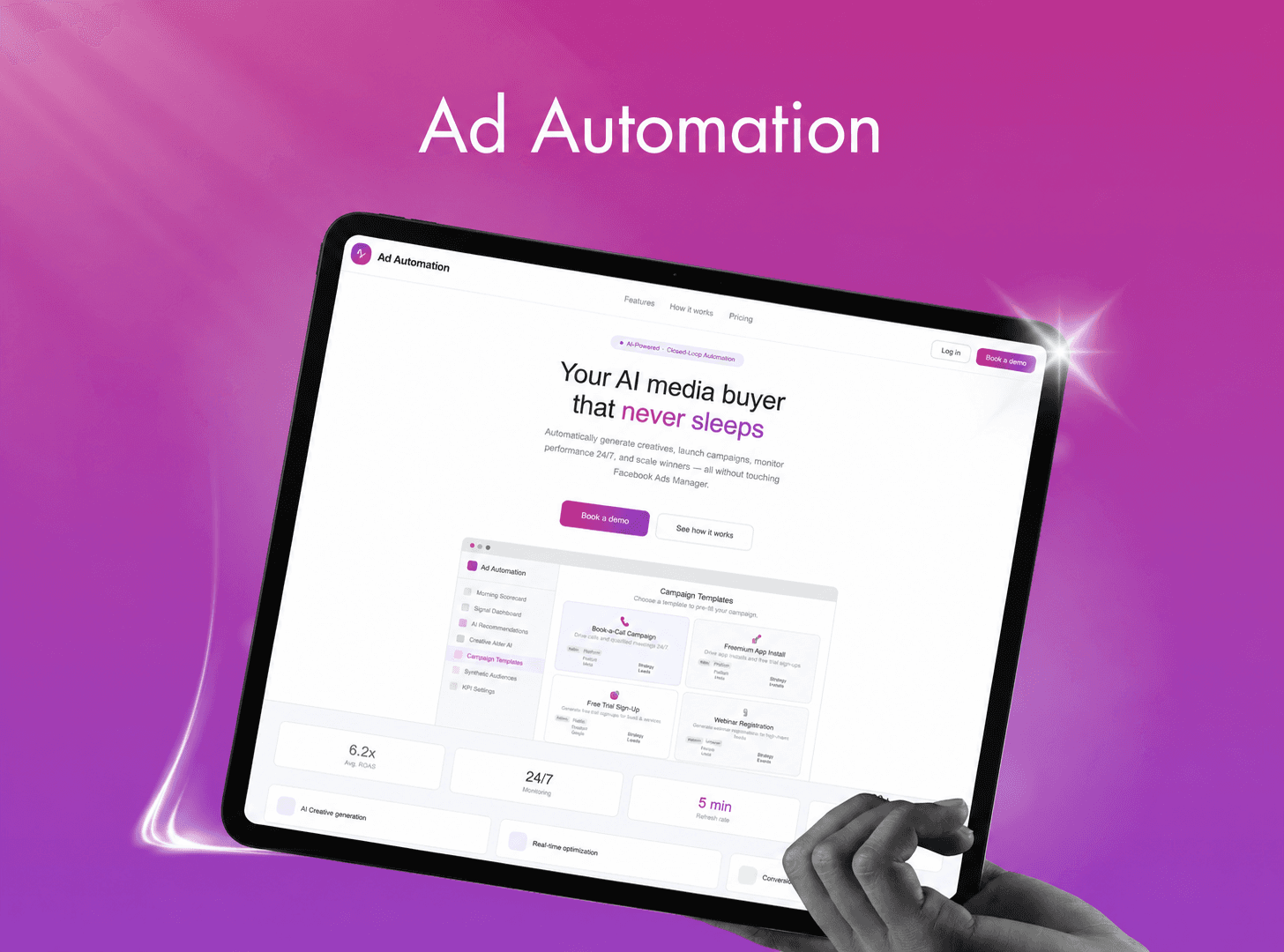 Landing page — 'Your AI media buyer that never sleeps': AI creative generation, 24/7 monitoring, real-time optimization, conversion tracking