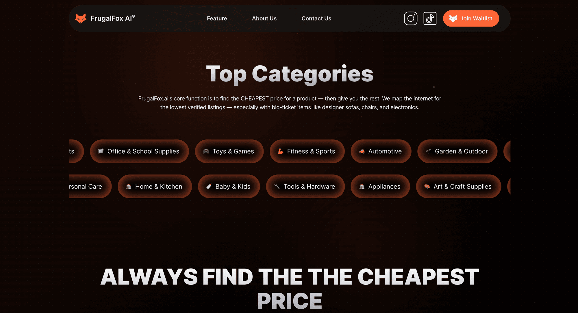 Top Categories — scrolling tag cloud showing product breadth