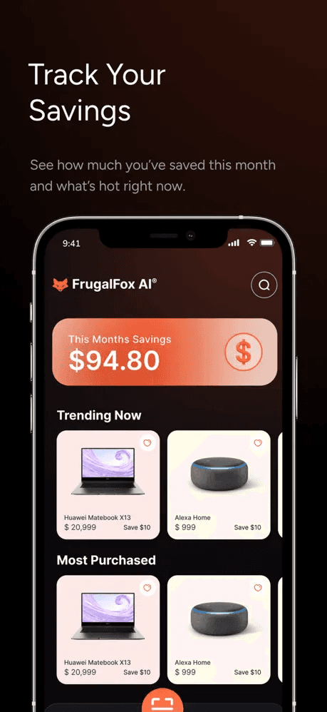 Home Dashboard — $94.80 monthly savings tracker, Trending Now, and Most Purchased products