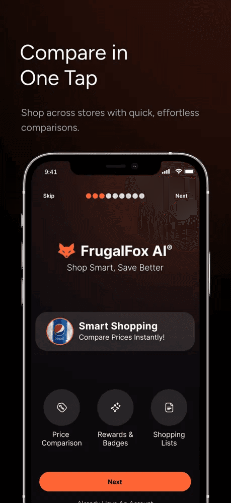 Onboarding — Shop Smart, Save Better intro with Price Comparison, Rewards & Badges, Shopping Lists features
