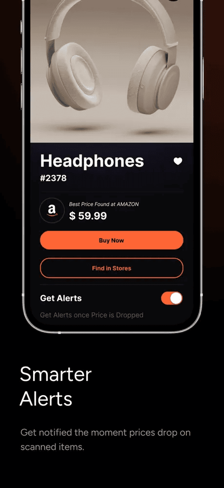 Price Alerts — Headphones detail with Buy Now, Find in Stores, and 'Get Alerts once Price is Dropped' toggle