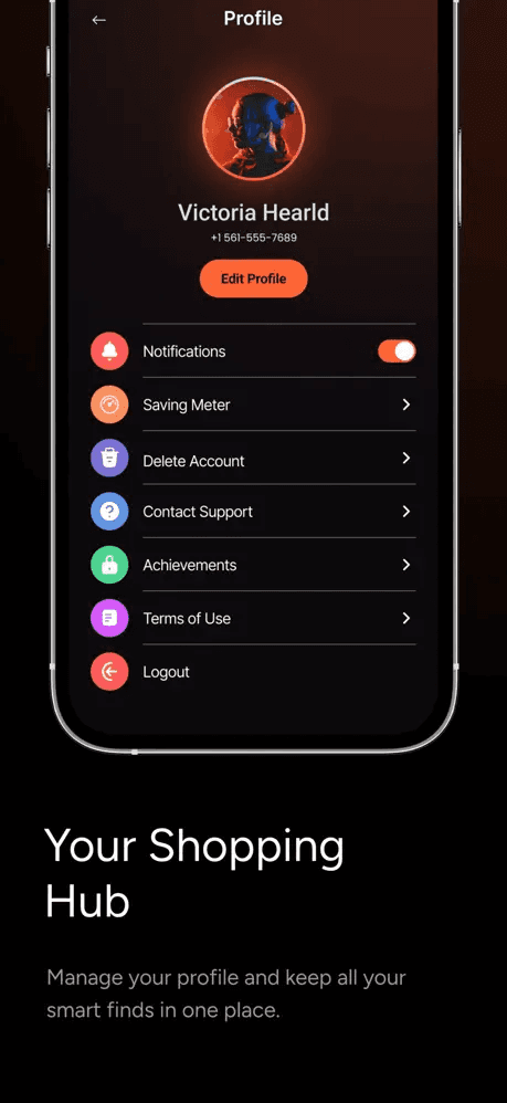 Profile Hub — User settings, Notifications toggle, Saving Meter, Achievements, and account controls