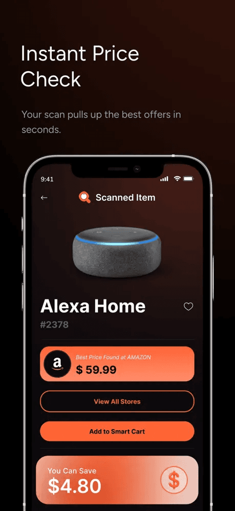 Scan Result — Alexa Home scanned, best price $59.99 at Amazon, 'You Can Save $4.80' highlighted
