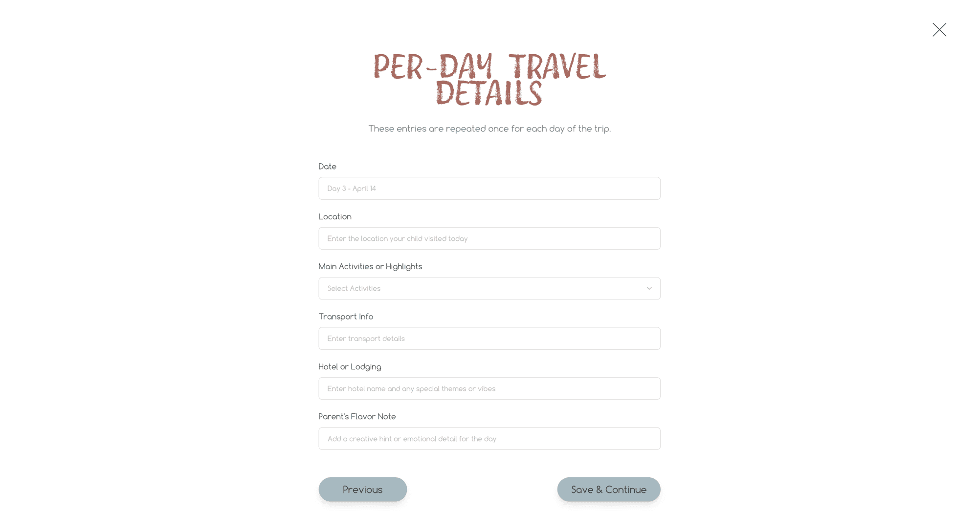 Per-Day Travel Details — daily itinerary entry