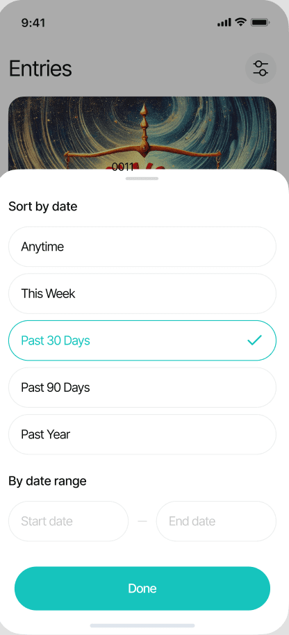 Filter entries — sort by date range (This Week, Past 30 Days, Past 90 Days, Past Year) or custom range