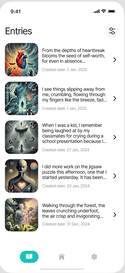 Entries timeline — all past journaling sessions with AI-generated artwork thumbnails and creation dates