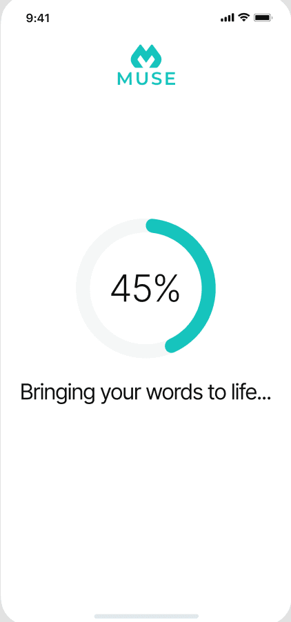 AI processing — 'Bringing your words to life...' loading state while generating artwork and insights