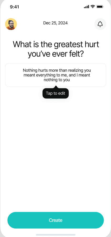 Response captured — spoken response transcribed with 'Tap to edit' inline correction and Create CTA