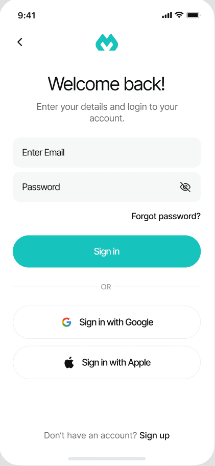 Sign in — clean login screen with email/password, Google and Apple SSO
