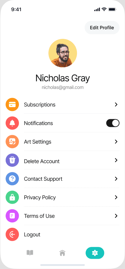 User profile — subscription management, notification toggle, art settings, privacy policy, and account controls