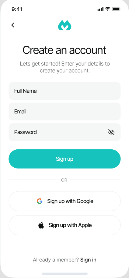 Create account — registration with full name, email, password, and social sign-up options
