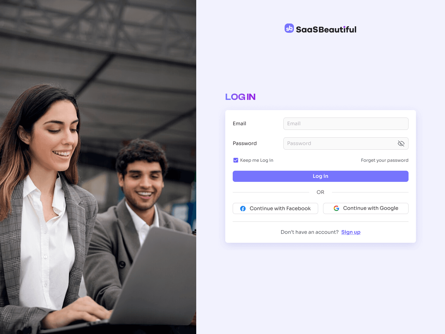 Login — email/password with Facebook & Google social auth