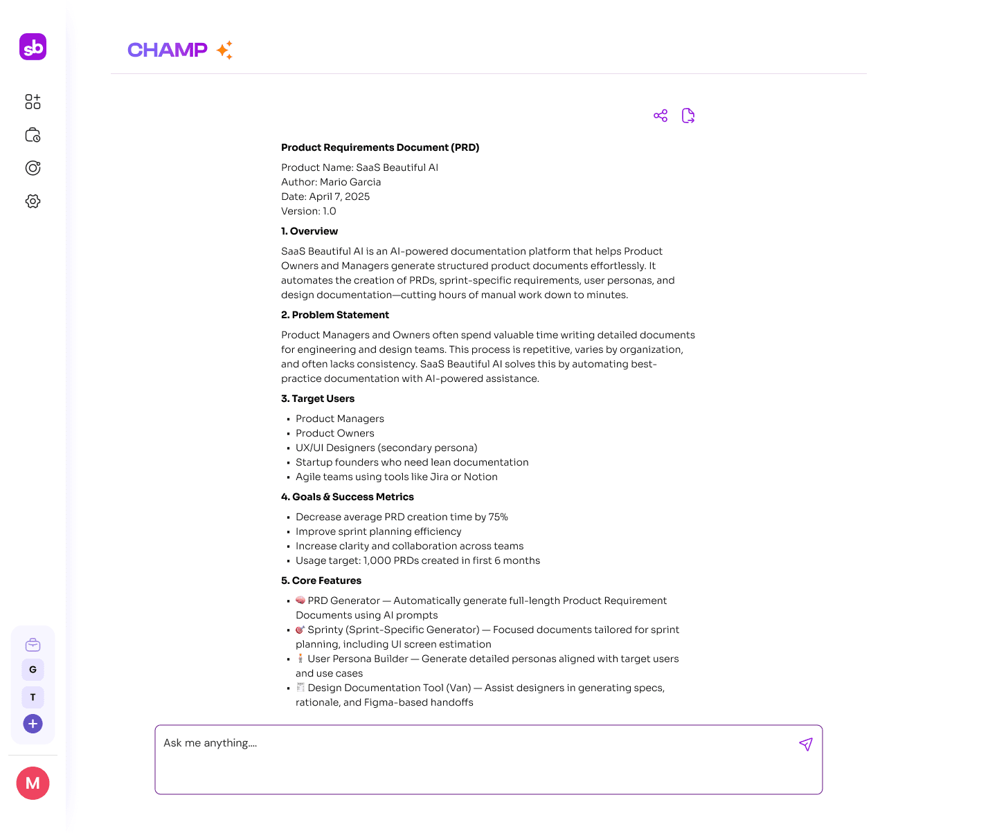 Generated PRD — complete professional document with overview, problem statement, and core features