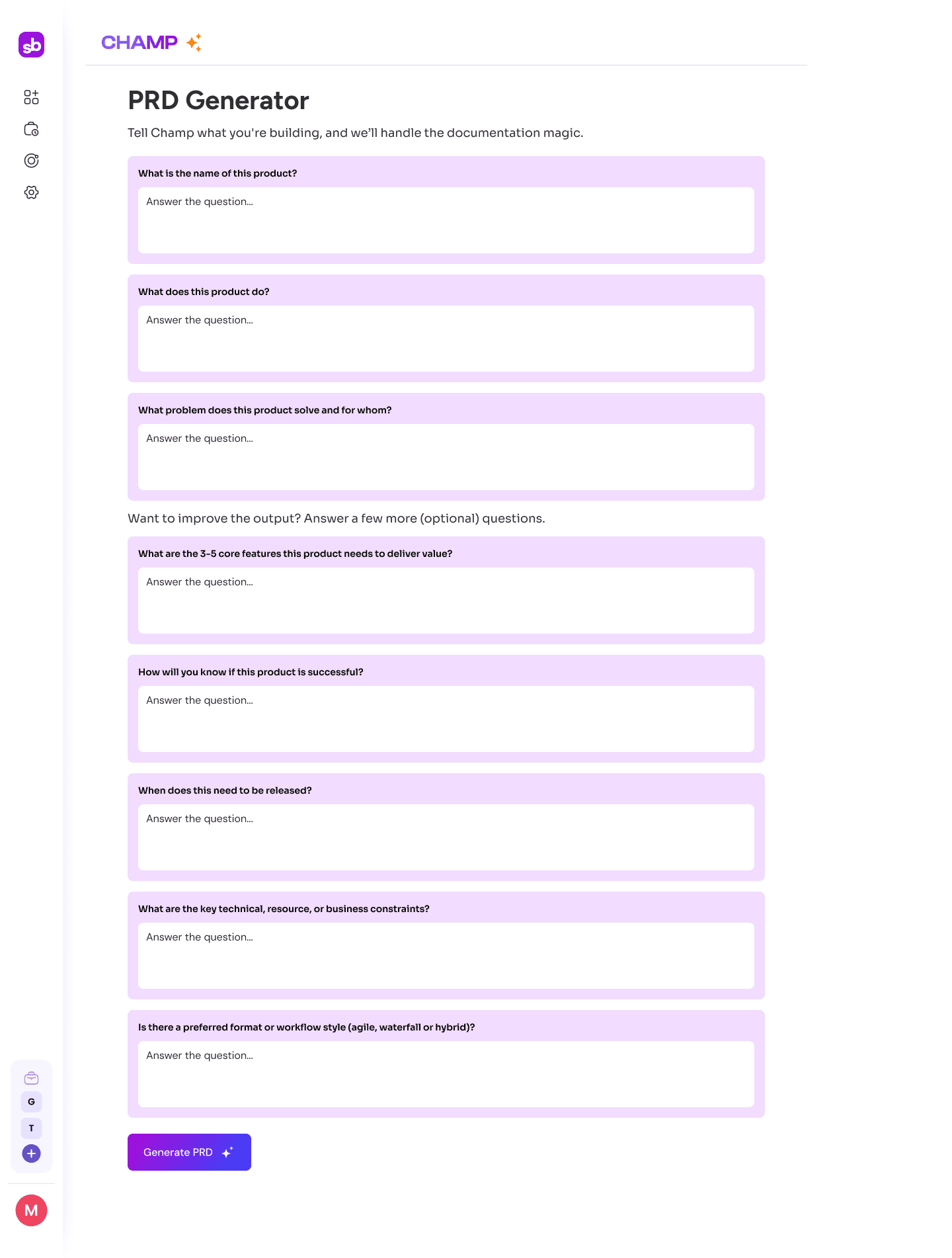 PRD Questionnaire — guided input across product details, features, and constraints