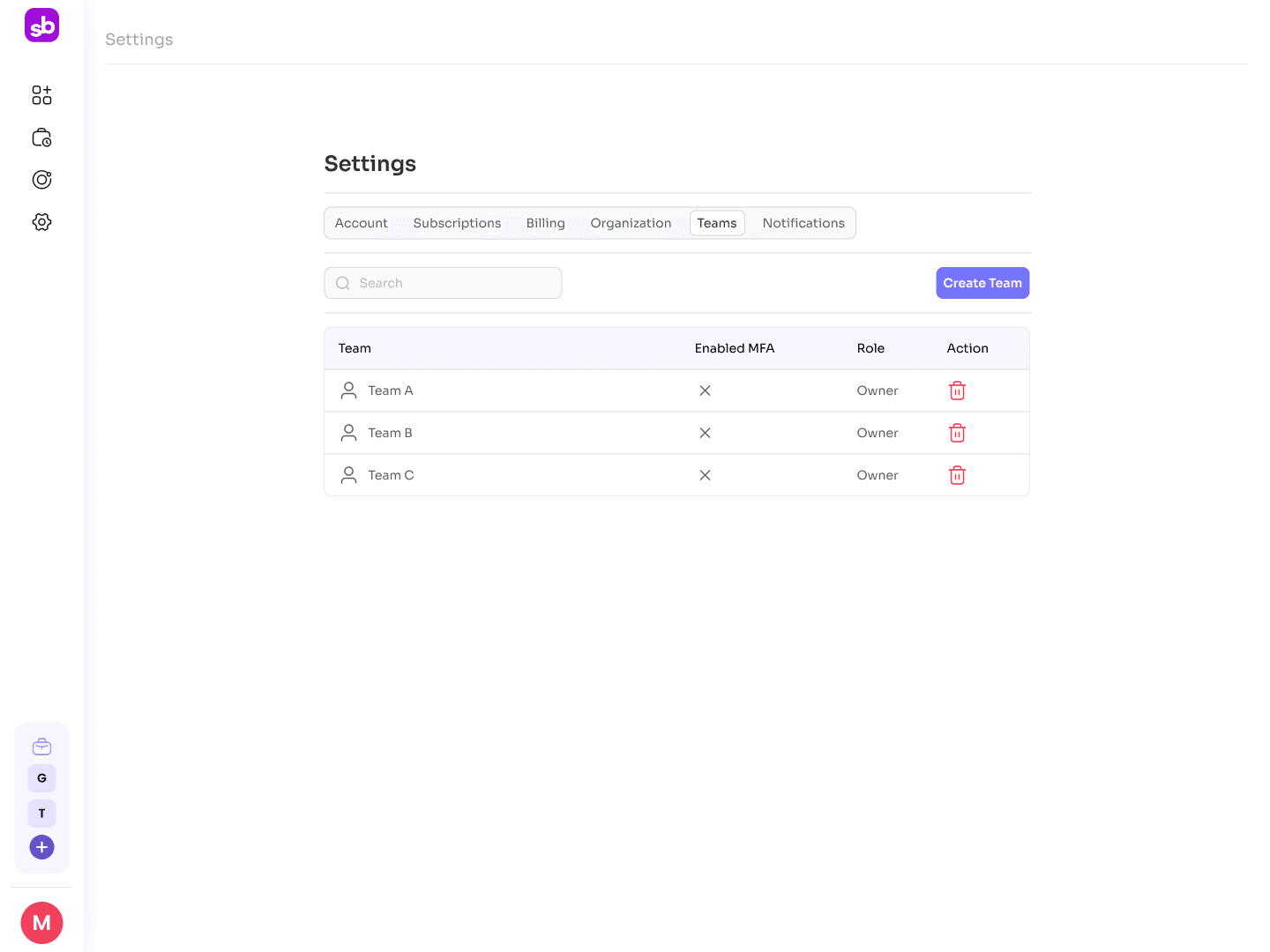 Settings Dashboard — tabbed navigation with full team management and delete actions