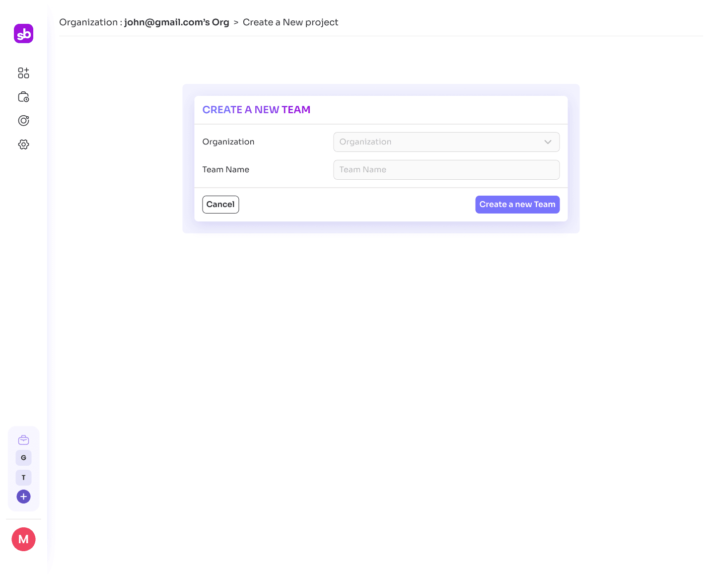 Create Team — assign teams within existing organizations