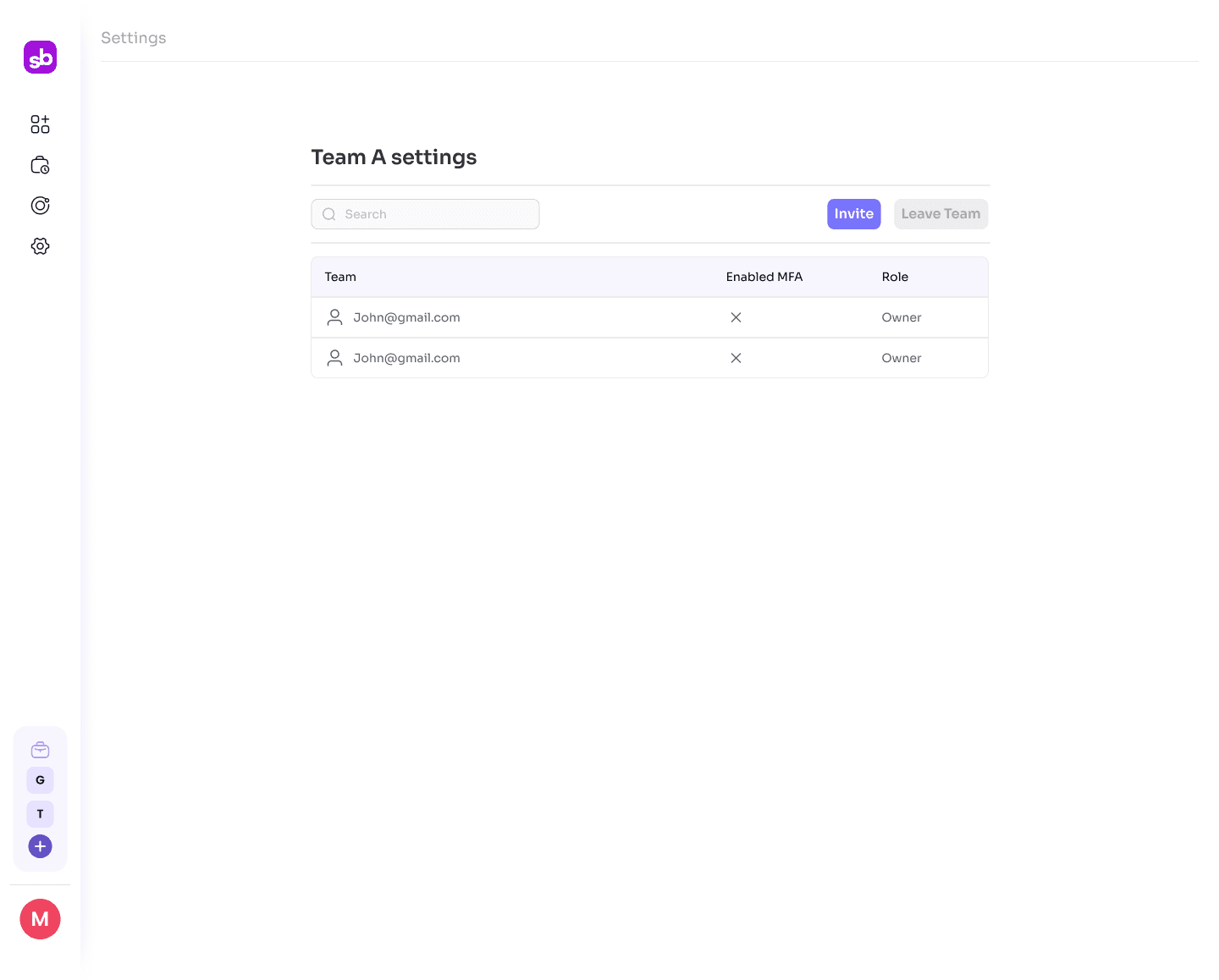 Team Settings — member list, MFA status, invite and leave controls