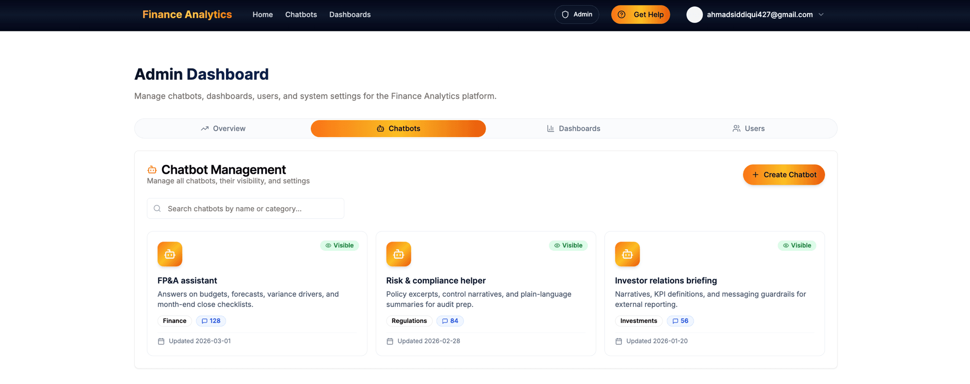 Chatbot Management — configure and toggle visibility of each AI assistant