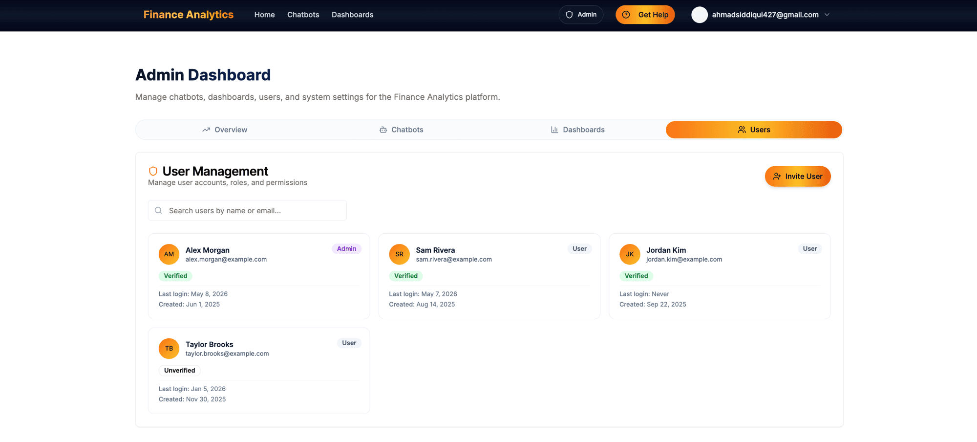 User Management — invite users, assign roles, verify accounts