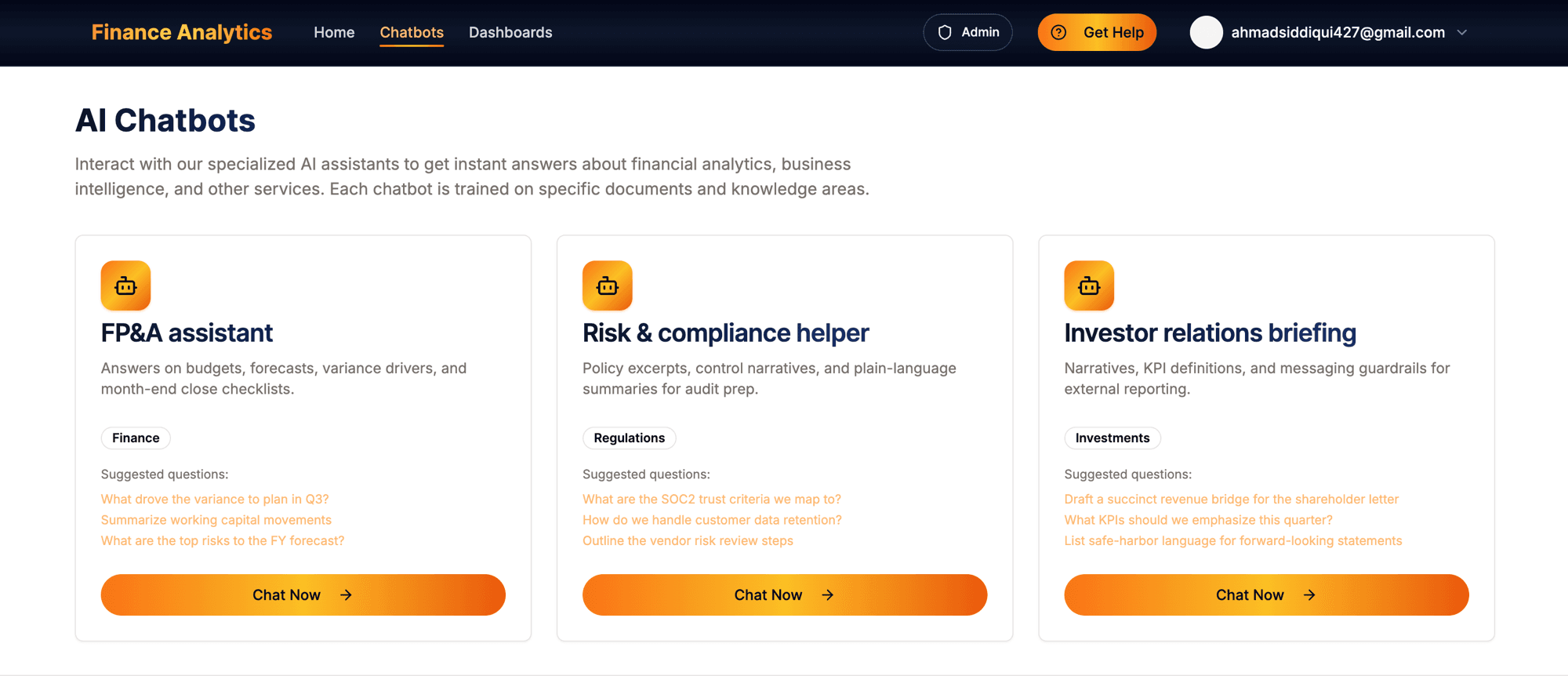 AI Chatbots — FP&A assistant, Risk & compliance helper, Investor relations briefing