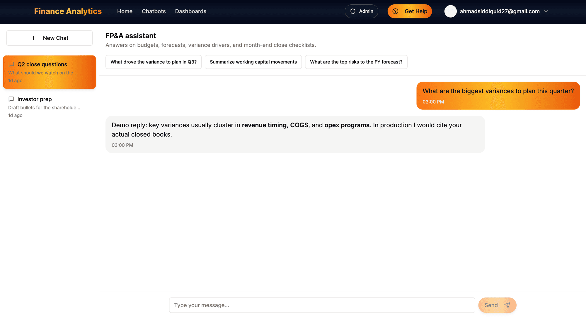 FP&A Assistant — RAG-powered chat with domain prompts and persistent session history