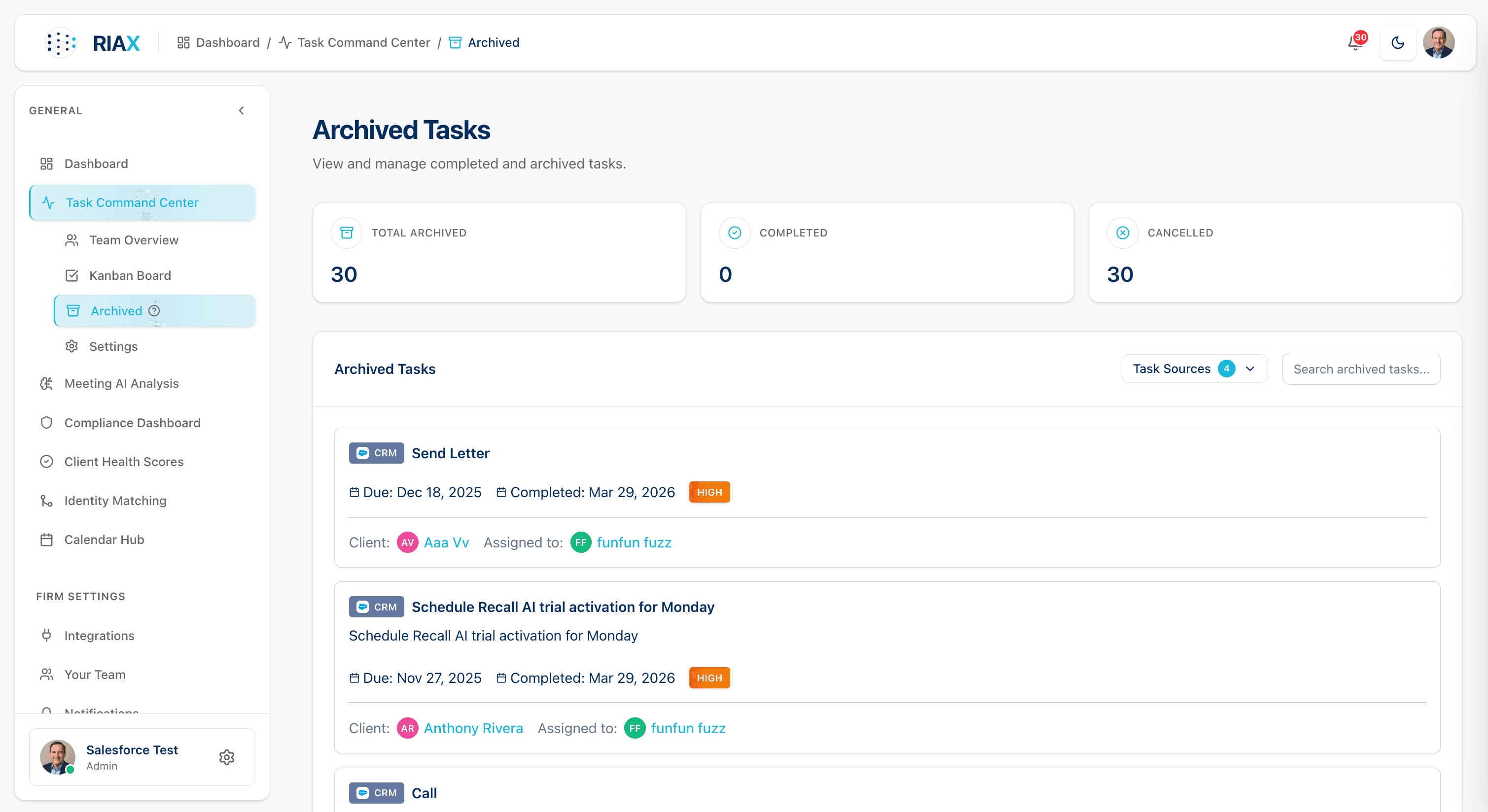 Archived Tasks — 30 total archived (30 cancelled); full task history with client, assignee, due/completed dates