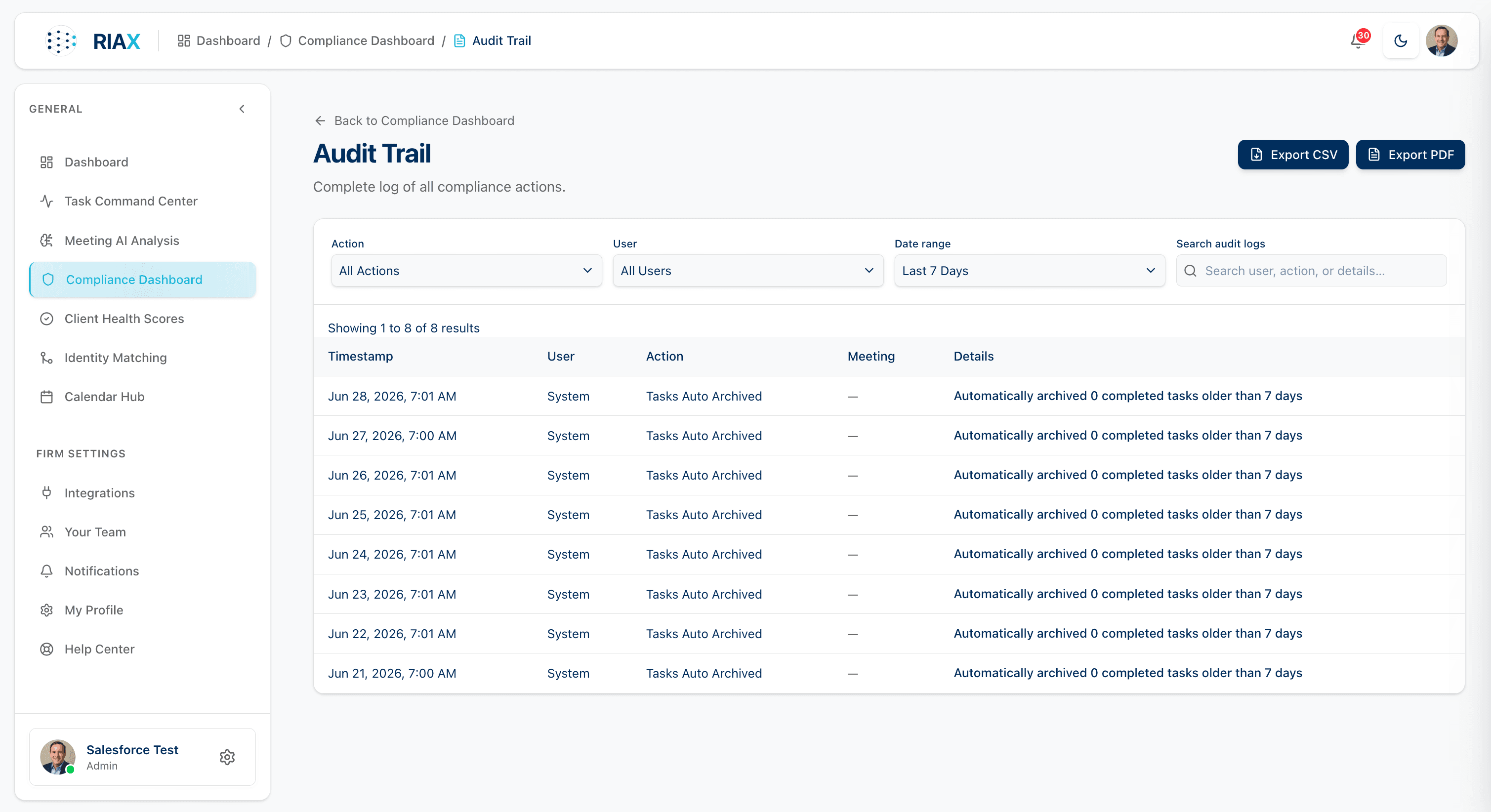 Audit Trail — complete compliance action log; filter by action/user/date range; Export CSV + PDF; 8 results last 7 days including automated task archival jobs