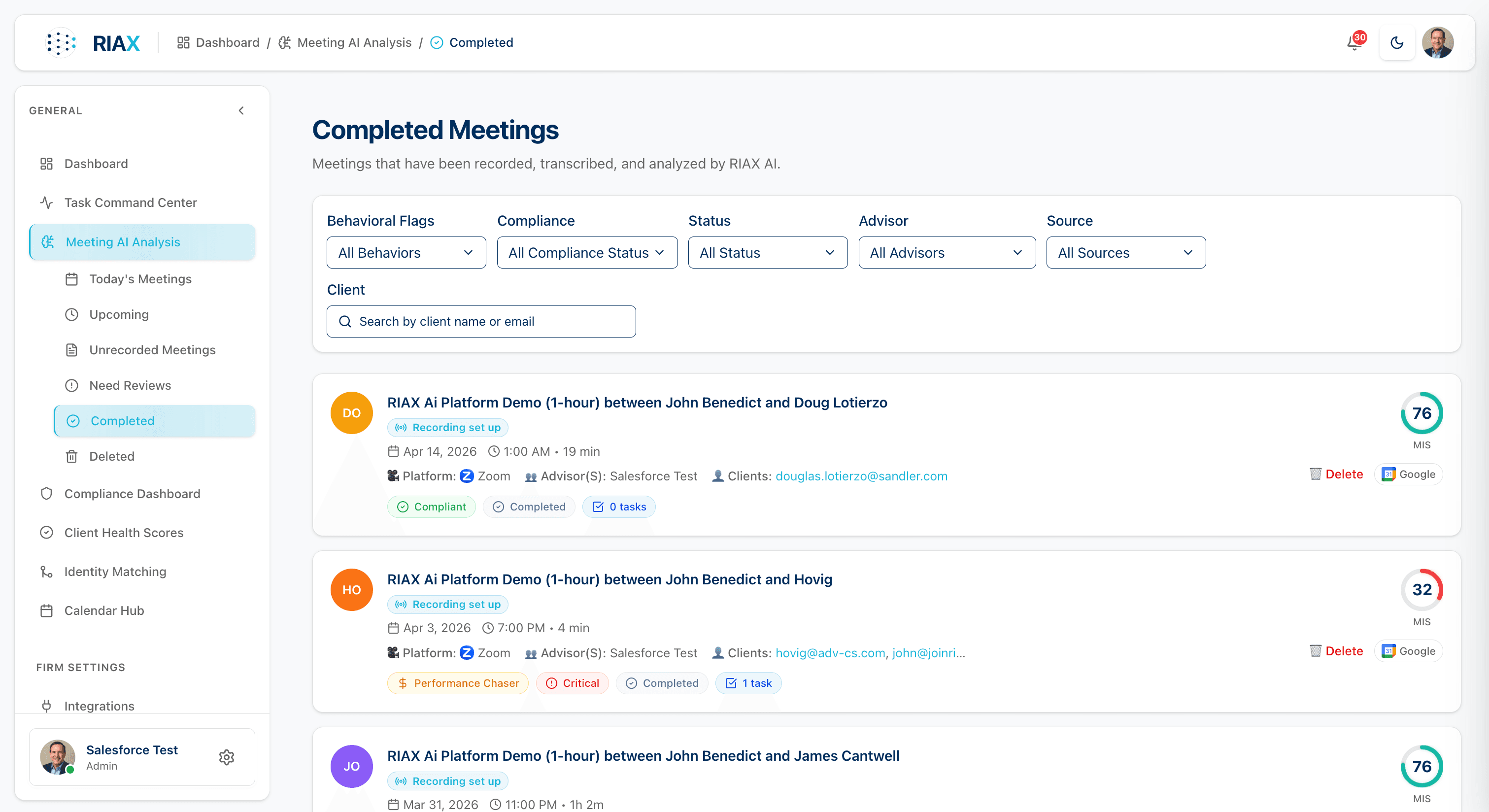 Completed Meetings — MIS scores per meeting (76, 32, 76), behavioral flags, compliance status, platform (Zoom), advisor, client, duration; filter by behavior, compliance, status, source