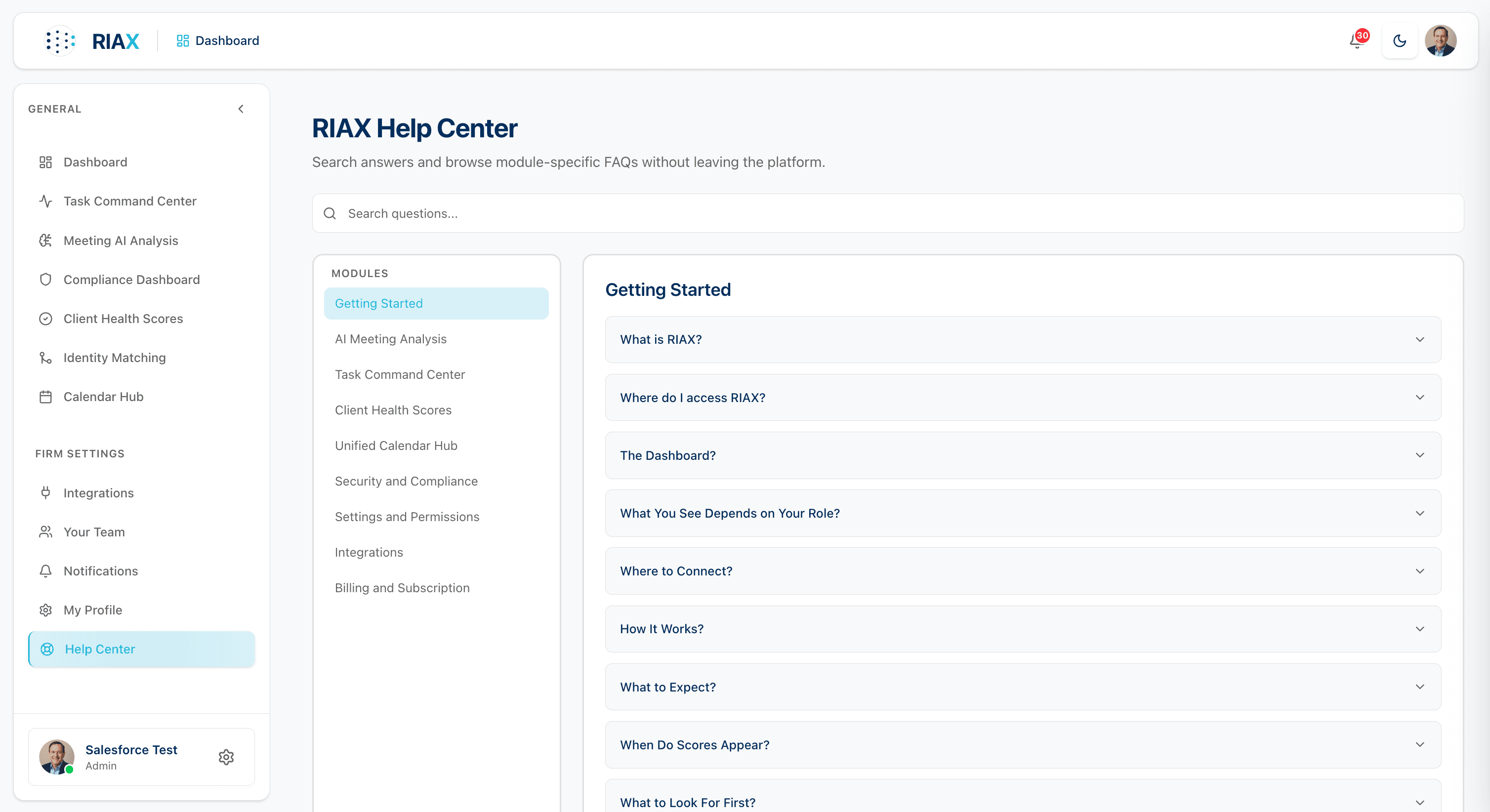 Help Center — module-specific FAQ built into the platform: Getting Started, AI Meeting Analysis, Task Command Center, Client Health Scores, Security & Compliance, Integrations, Billing