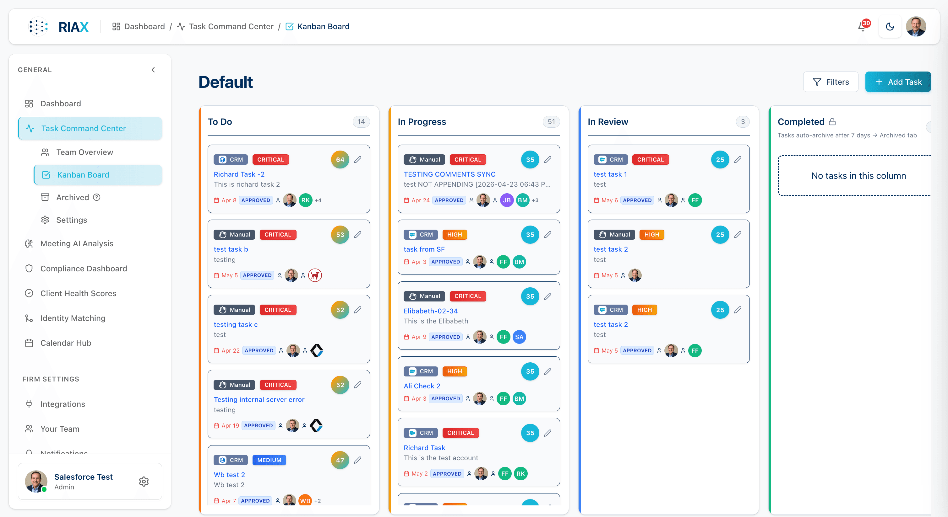 Kanban Board — drag-and-drop via @dnd-kit; To Do / In Progress / In Review / Completed columns with task cards showing AI score, source, priority badge, and assignees
