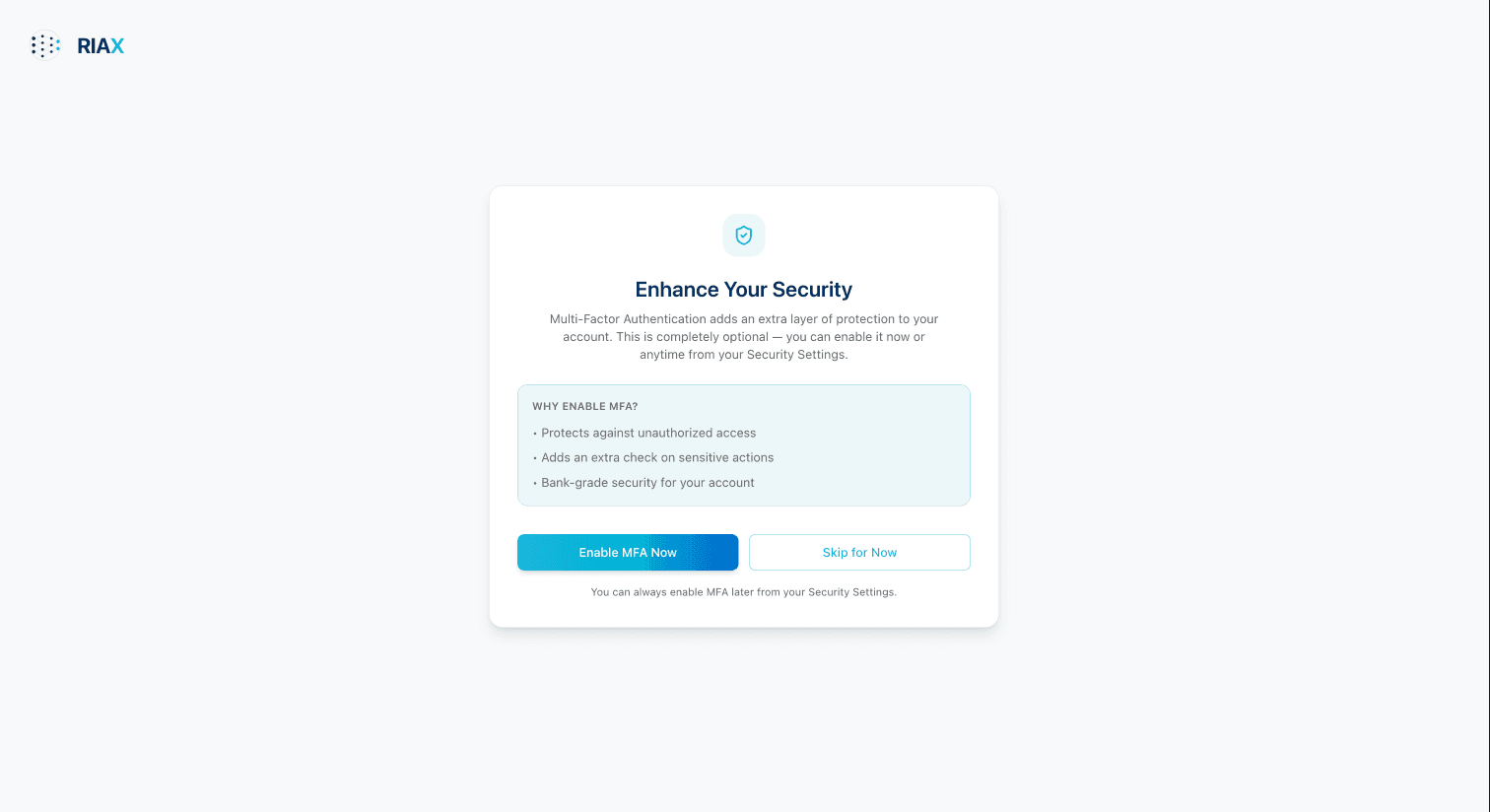 MFA Setup — TOTP multi-factor authentication prompt on first login; 5-attempt lockout threshold enforced by Rack-Attack