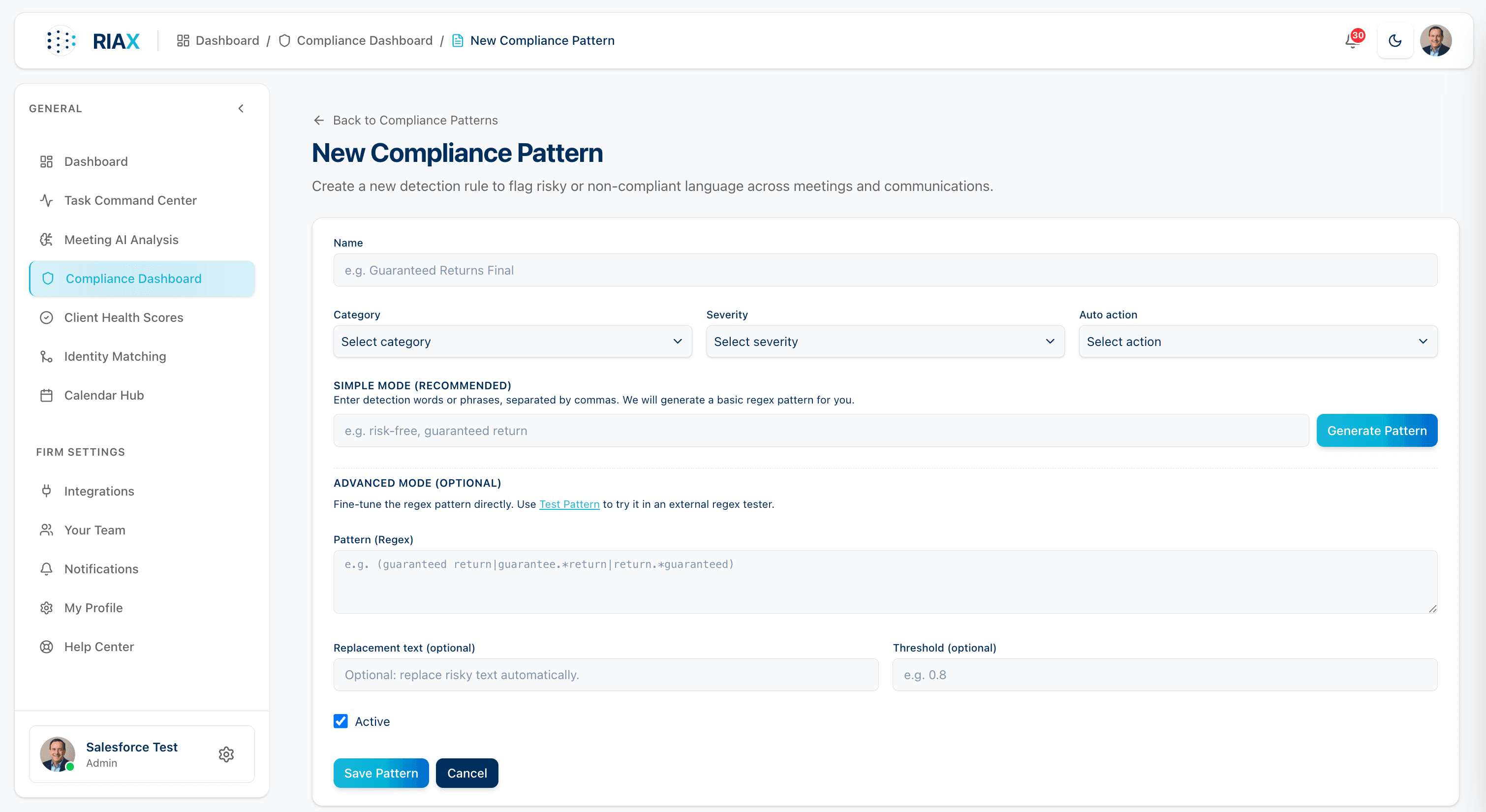 New Compliance Pattern — simple mode (natural language → AI-generated regex) or advanced mode (direct regex); category, severity, auto-action, replacement text, threshold