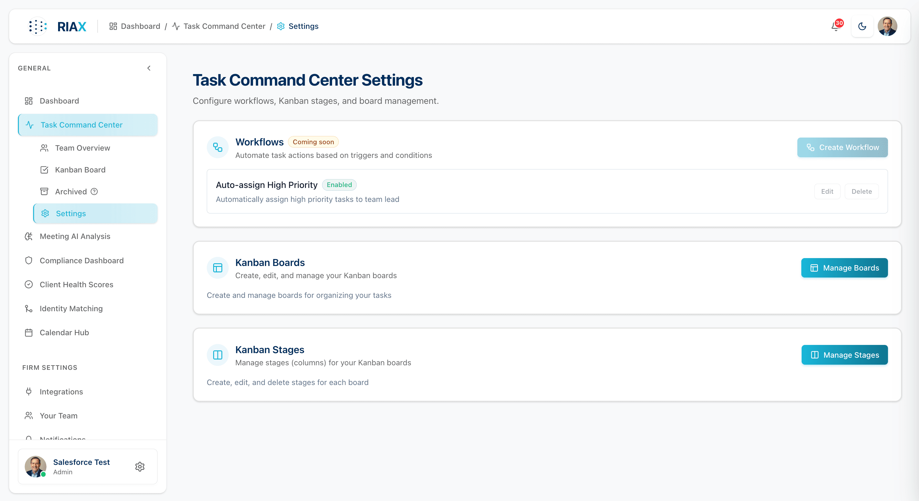 Task Settings — Workflows (coming soon), Auto-assign High Priority rule (enabled), Kanban Boards and Stages management